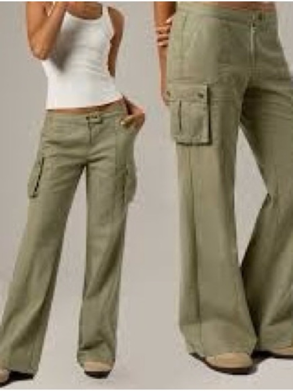 Women's Olive Cargo Style Wide Leg Trousers